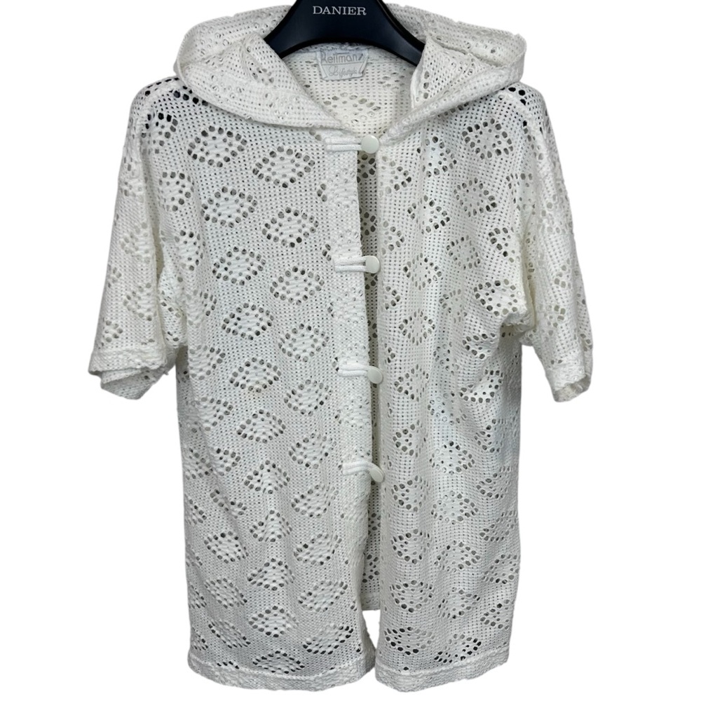 Reitman’s women’s‎ cardigan swimsuit coverup button front hooded white crochet L